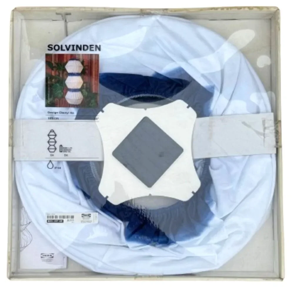 IKEA SOLVINDEN LED Solar-Powered Pendant Blue & White Fabric Lantern Lamp NEW